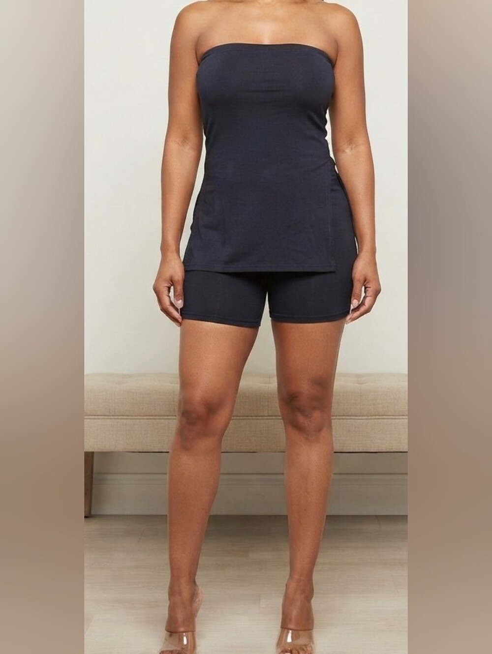 Navy Blue Matching Tube Top and Fitted Shorts